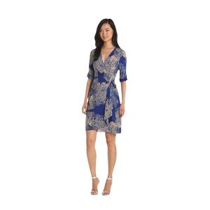 BCBGMAXAZRIA Women's Blue/tan Paisley And Foliage “Adele” Print Dress Size Large